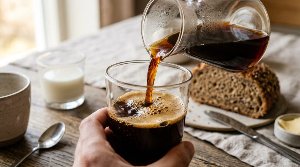 Close-up macro photography of cold brew coffee being slowly 