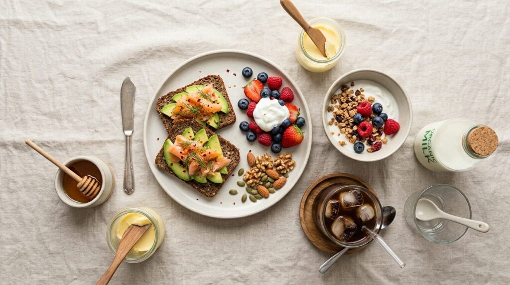 Flat lay overhead view of a complete healthy Danish breakfas
