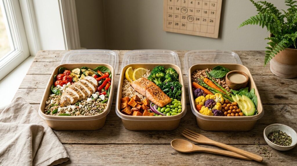 Flat lay composition of three prepared whole grain meals in 