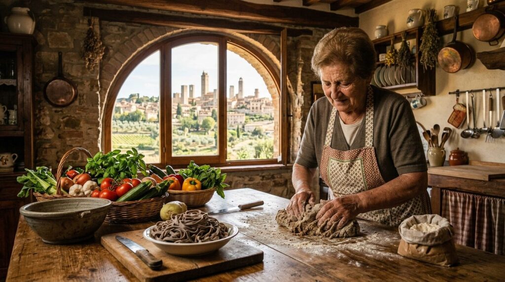 Rustic farmhouse kitchen scene in Tuscany: farmers hands pr