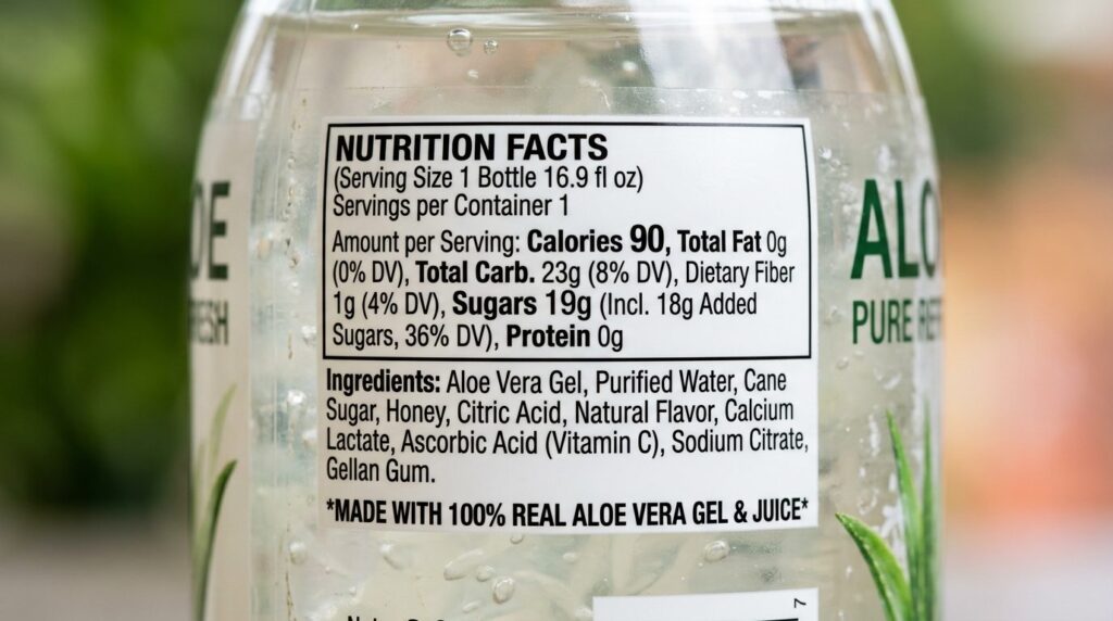 Close-up macro photography of a nutrition label on an aloe v