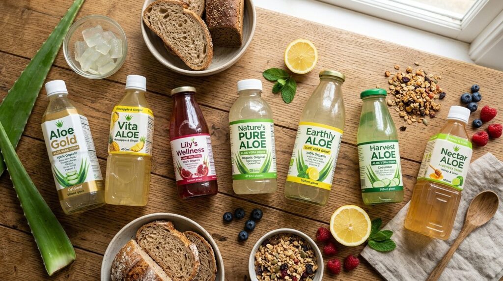 Flat lay composition of various aloe vera drink bottles with