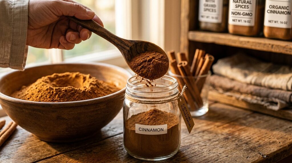 Close-up detail shot of bulk cinnamon powder being scooped w