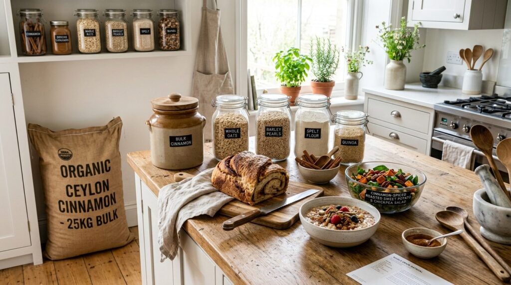Modern kitchen scene showing bulk 25kg cinnamon storage solu