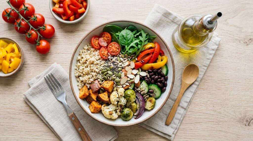 Overhead flat lay photography of a nutritious whole grain bo