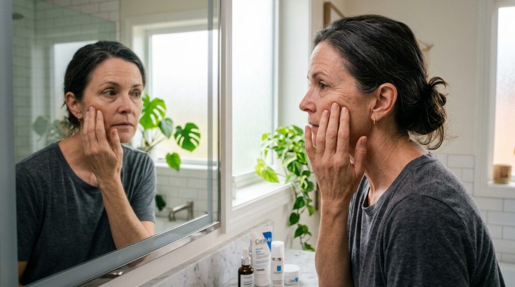 Middle-aged woman with natural skin texture examining her fa