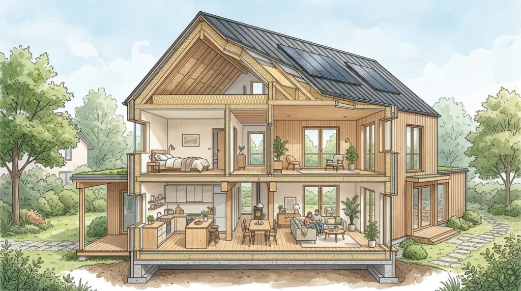 Contemporary home cross-section showing wooden fiber insulat