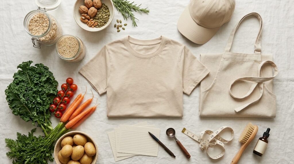 Flat lay composition of blank label-free clothing items (t-s