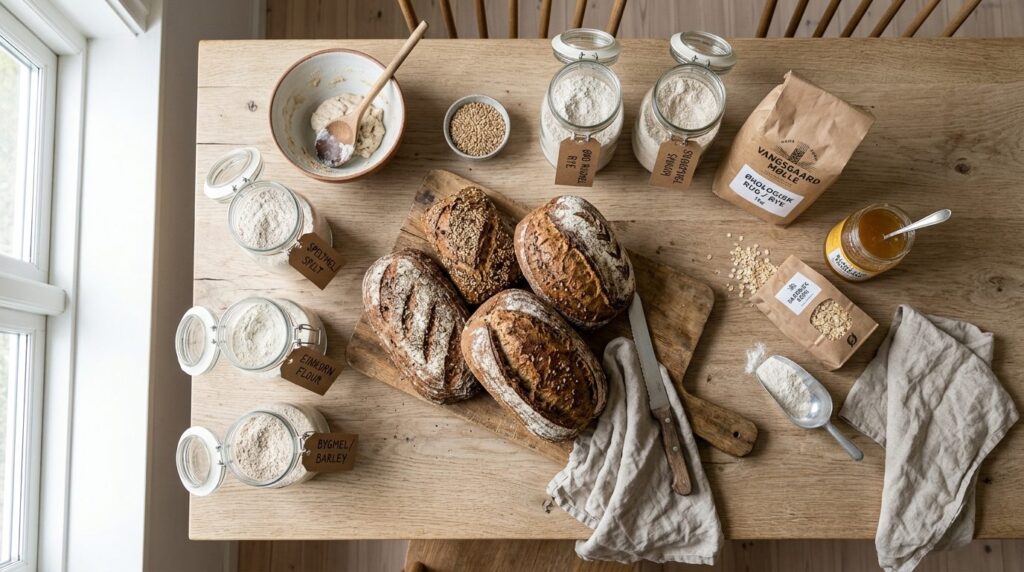 Ovenfra-optagelse af nordisk køkkenbord med fuldkornsprodukter og ingredienser.