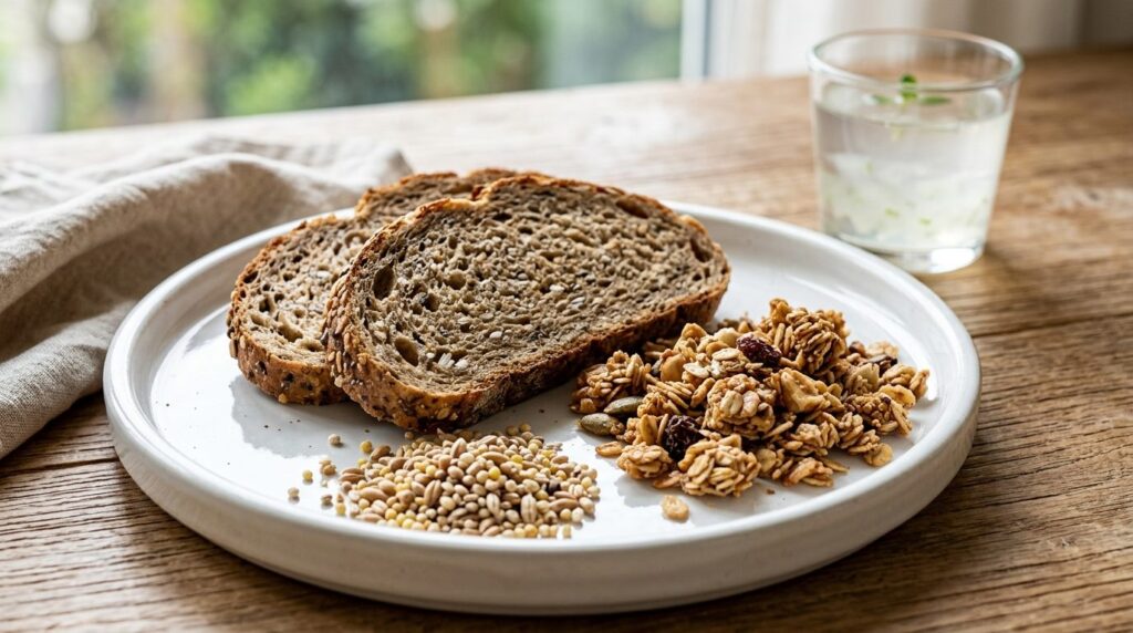 Close-up product shot of whole grain bread slices, granola c