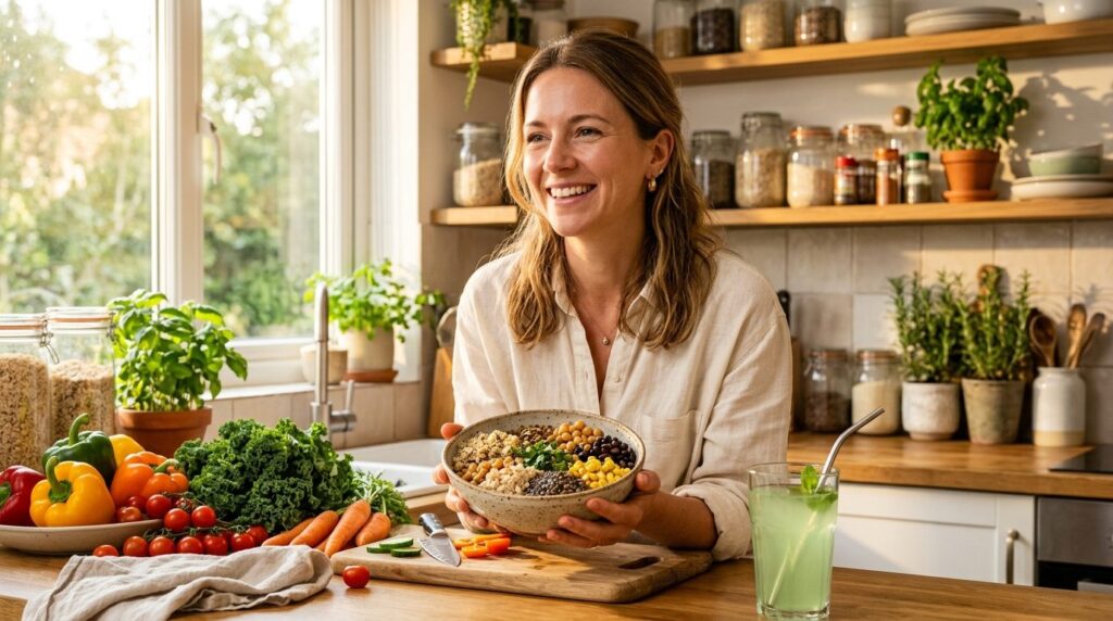 Wellness lifestyle photograph of a woman in a bright kitchen