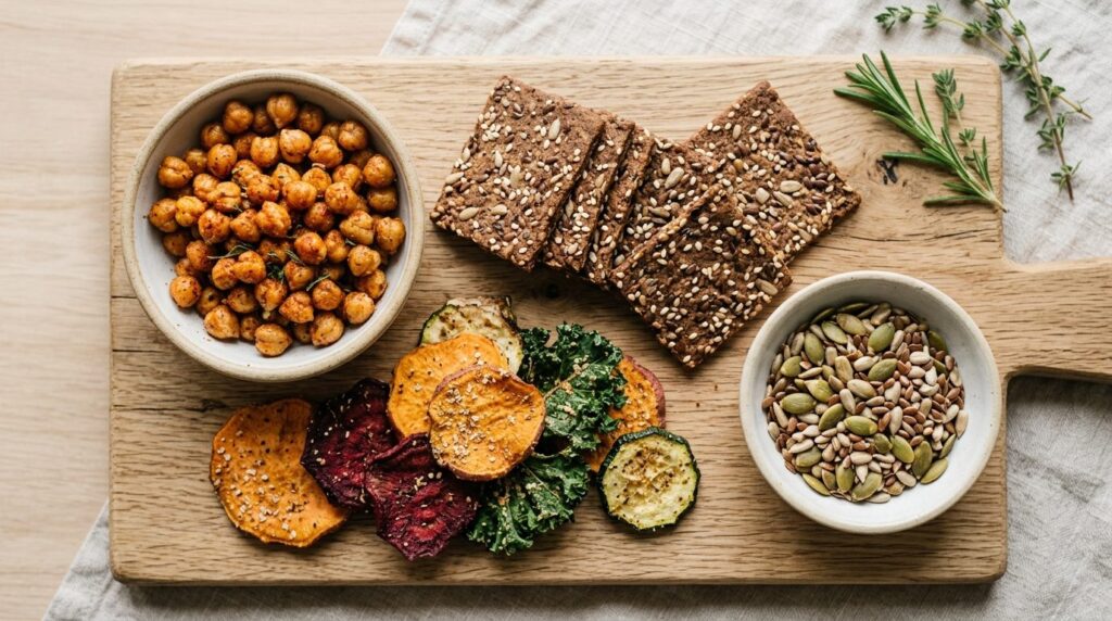 Close-up flat lay of healthy whole grain air fryer snacks ar
