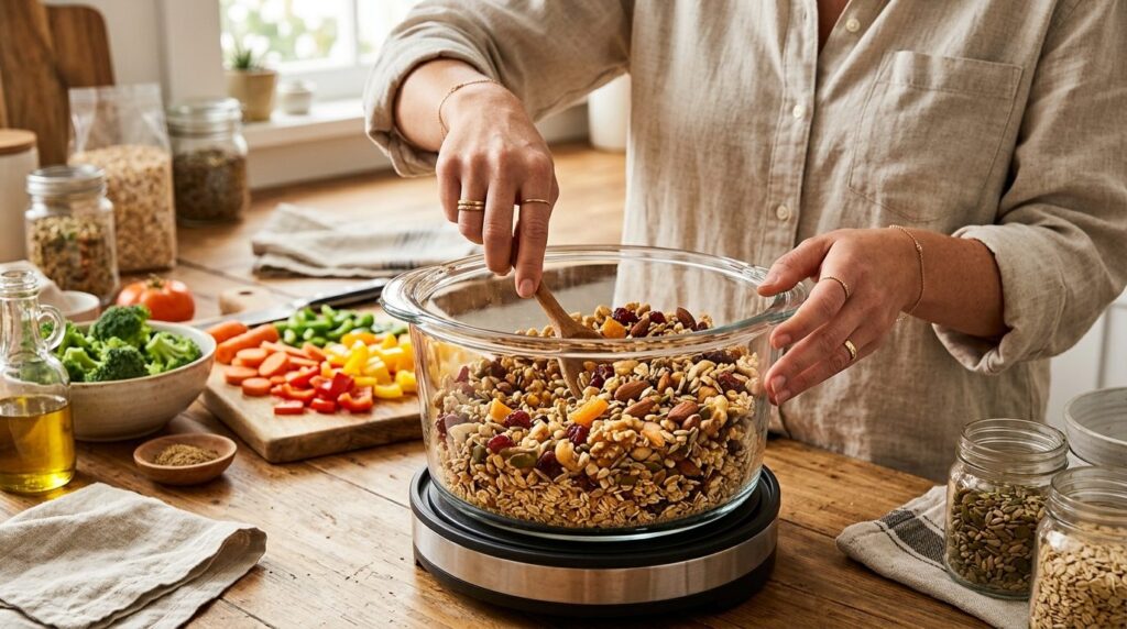 Womans hands preparing whole grain snack mix in a transpare