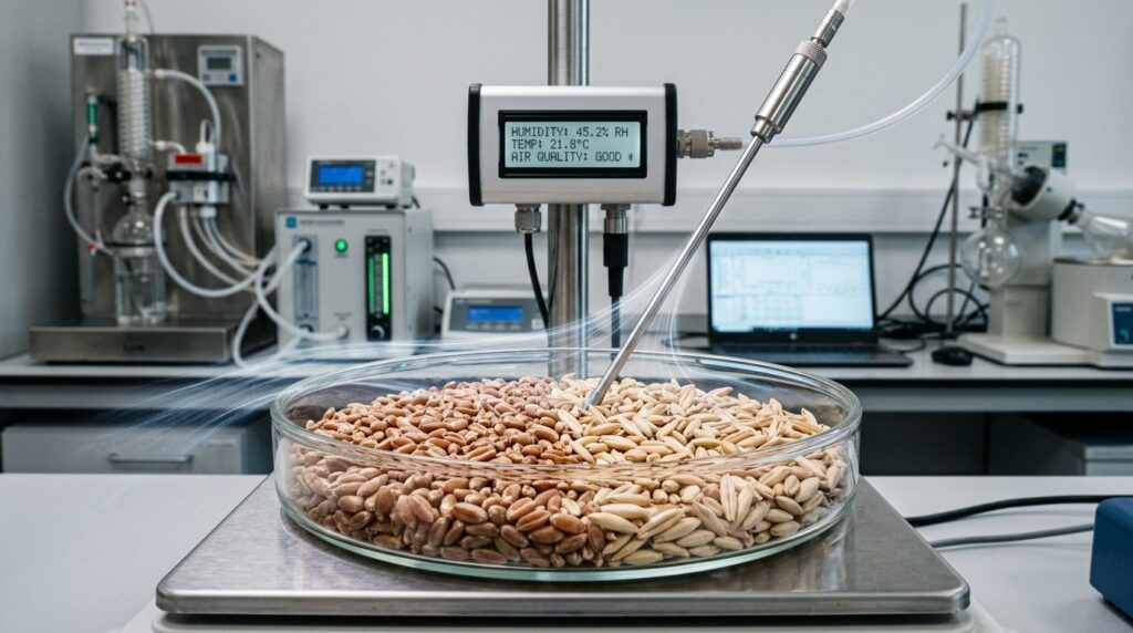 Close-up of whole grain wheat berries and oat kernels being 