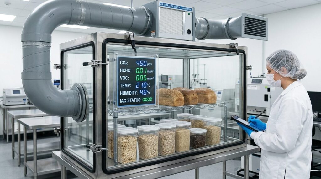 Indoor air quality control system monitoring fresh whole gra
