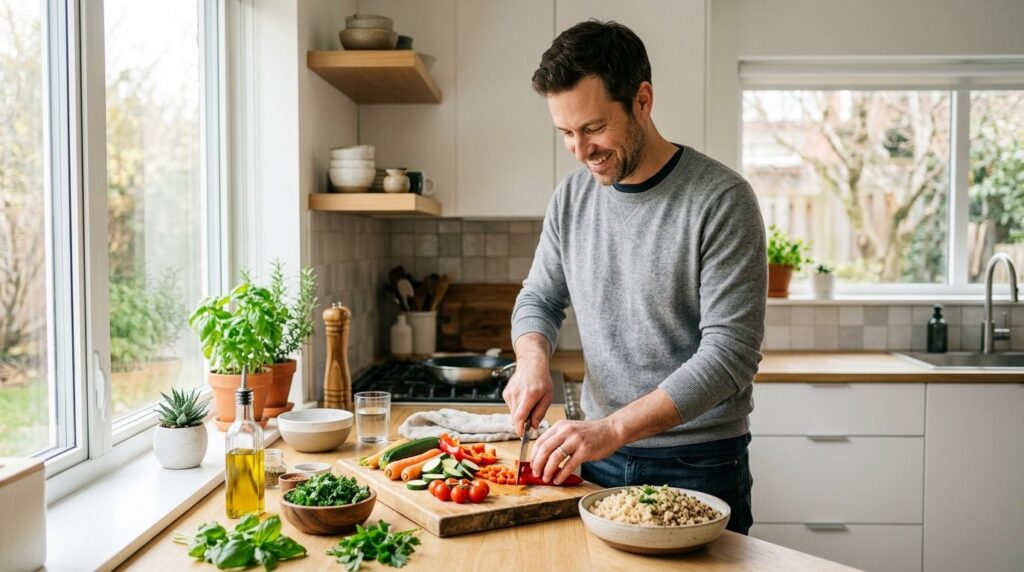 Mature man in his late 30s preparing a healthy whole grain m