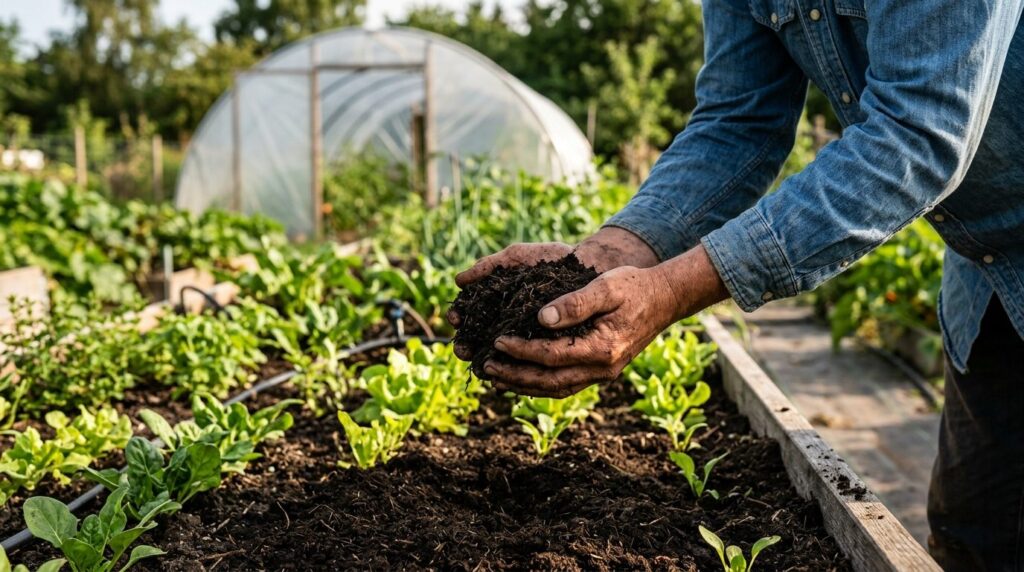 Farmers hands holding premium dark compost soil (harvet mul