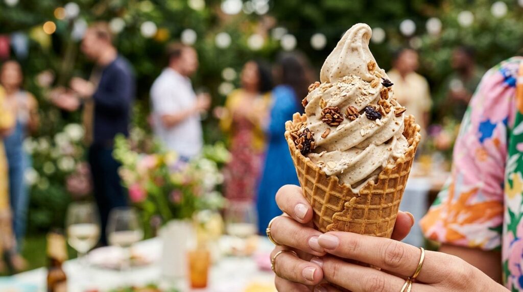 Close-up food styling: Whole grain soft ice cream swirl topp